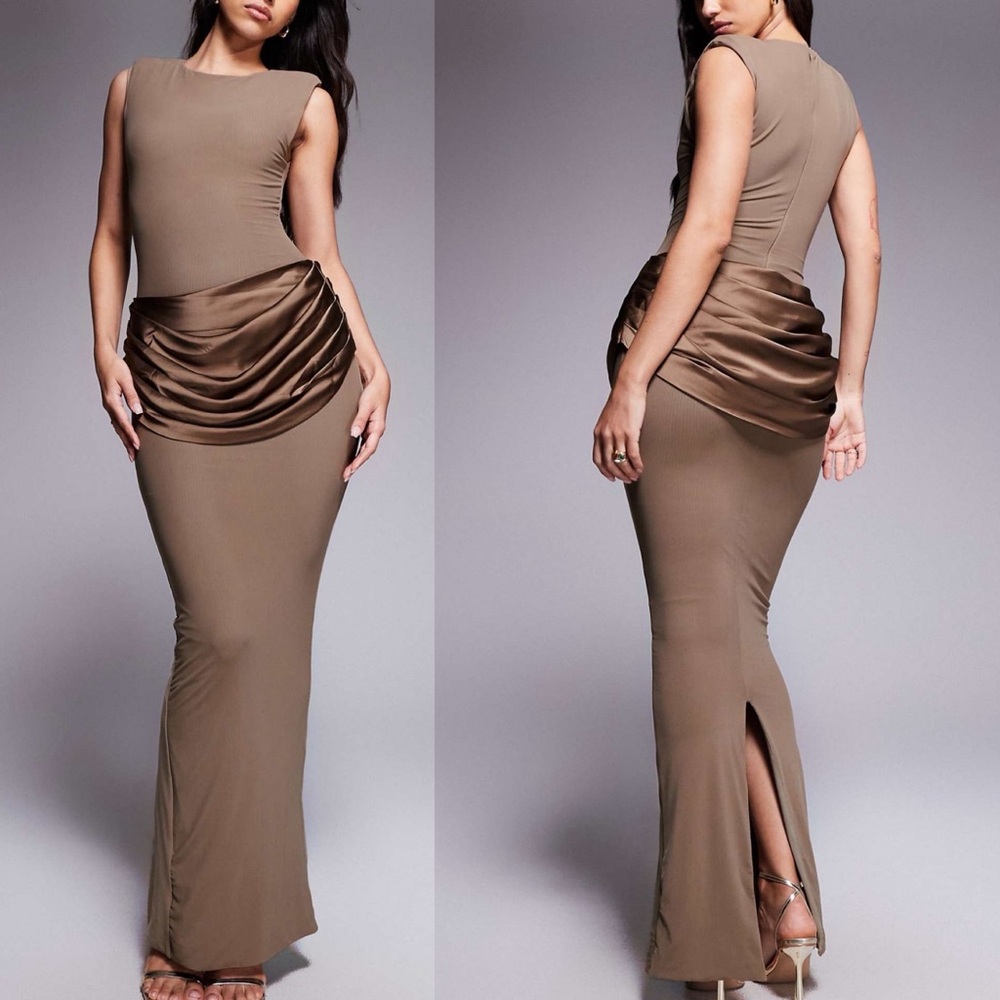 ASOS- Wander Doll taupe shoulder pad satin drape waist detail bodycon maxi dress